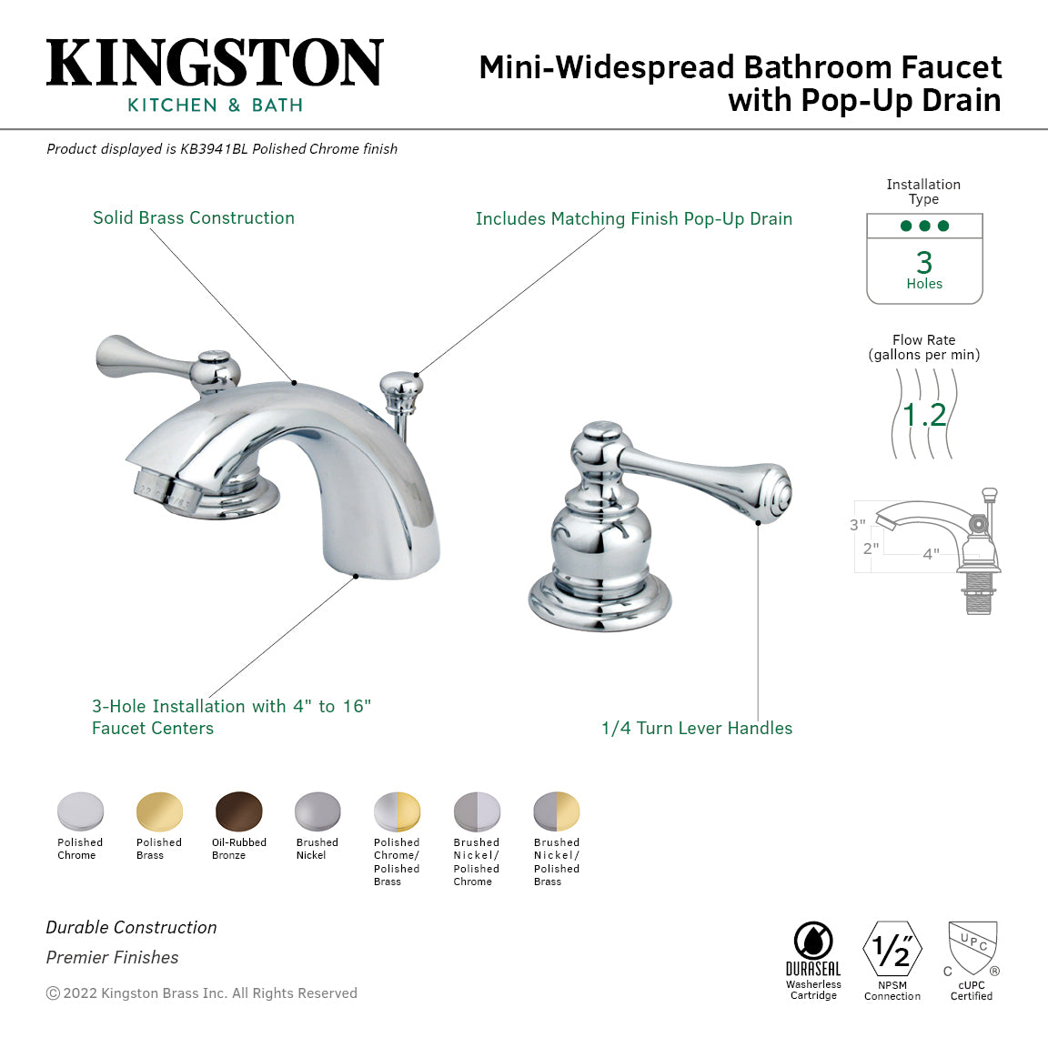 Kingston Tulare KB3949BL - Vintage Two-Handle 3-Hole Deck Mount Mini-Widespread Bathroom Faucet with Pop-Up Drain, Brushed Nickel/Polished Brass — thumbnail 2